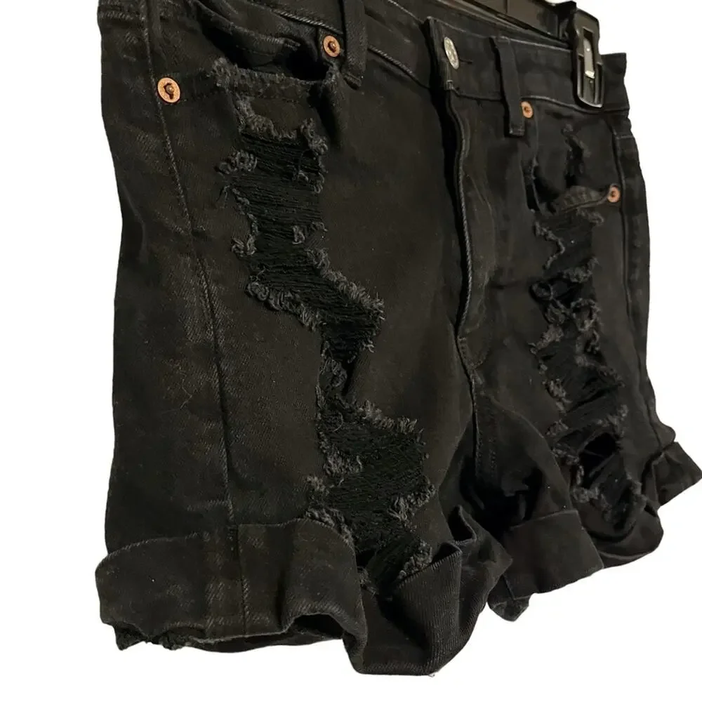AMERICAN EAGLE MOM SHORTS Solid Black Zip Fly High Rise Roll Cuff Jeans Denim 4